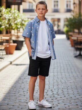 Sunrise Kingdom Button Down Kids‎ Size 14 Blue French Bulldog Skateboard